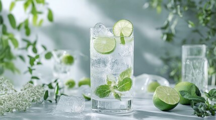 A refreshing gin and tonic in a tall glass with lime slices and ice cubes, surrounded by fresh botanicals, creating a crisp and clean presentation.