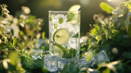 A refreshing gin and tonic in a tall glass with lime slices and ice cubes, surrounded by fresh botanicals, creating a crisp and clean presentation.