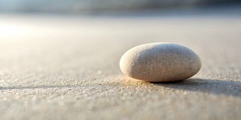 Solitude on the Shore: A smooth, white stone rests peacefully on the sun-kissed sand, embodying tranquility and the serene beauty of the coast. 