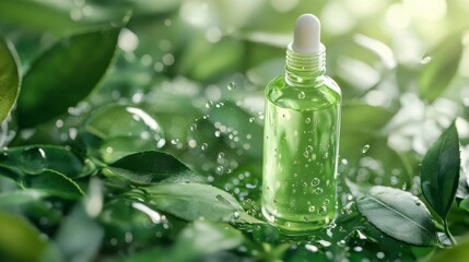 Wall Mural - Natural face serum products photo shoot with green tea leaves, realistic hyper-detailed rendering, refreshing green tones, eye-catching tags, free-flowing lines, cute cartoonish design, water drops