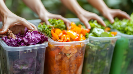 Colorful vegetables being prepared in containers for healthy meals.