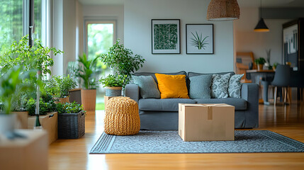 Wall Mural - Cozy living room with plants, a sofa, and a cardboard box.