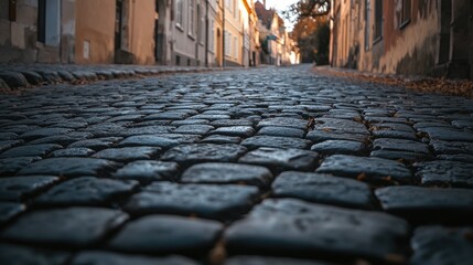 A cobblestone street lined with buildings, creating a charming urban atmosphere.