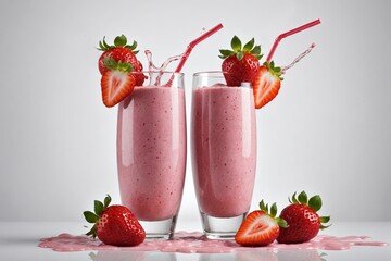 glass of strawberry smoothie or milkshake with splash and falling berry isolated on white background