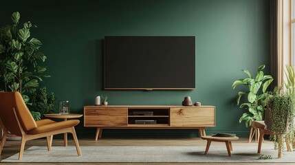 Wall Mural - A living room features a modern design with a wooden TV cabinet positioned against a deep green wall, creating a sophisticated and elegant ambience. 