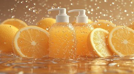 Wall Mural - Natural hand sanitizer products photo shoot with citrus slices, realistic hyper-detailed rendering, zesty orange tones, eye-catching tags, free-flowing lines, cute cartoonish design, water drops