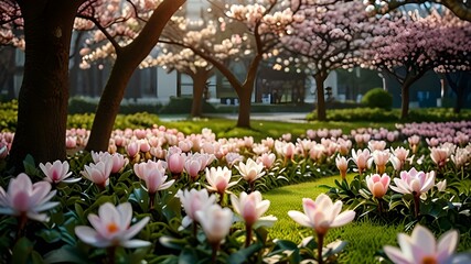 Spring garden with bright magnolias, exciting its beauty and aroma Generative AI