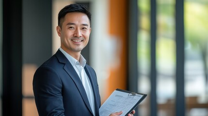 Poster - confident business professional holding clipboard in modern office environment