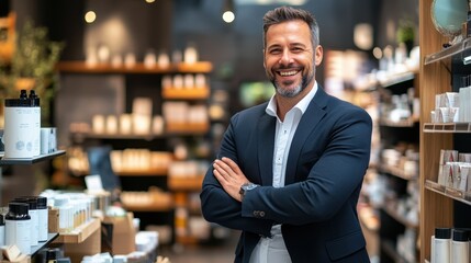 Poster - confident businessman in modern retail store with shelves of products and bright lighting