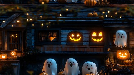 An enchanting haunted house with bright smiling windows, with happy ghosts peeking out, pumpkins glowing on the front steps, and twinkling stars in the night sky,