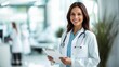 © CreativeSeven  - Confident Female Doctor Holding Clipboard in Modern Medical Facility with Bright Background