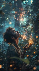 A young man in a forest with glowing lights in his hands, looking up at the sky.