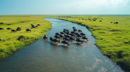 A stunning view of buffalo grazing near a winding river on lush green grasslands under a clear blue sky.