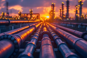 Industrial Oil Pipeline Infrastructure at Sunset: Energy Sector and Petrochemical Industry Design for Print, Poster, Card