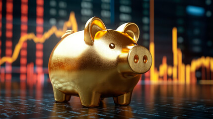 Wall Mural - Golden piggy bank with  trading graph background.