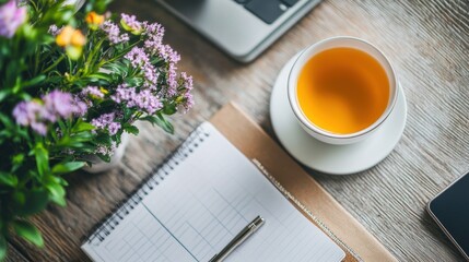 Sticker - A cozy workspace featuring tea, a notebook, and flowers for relaxation and productivity.