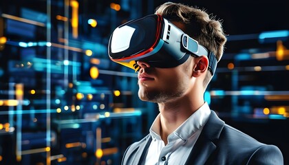 Businessman wearing virtual modern glasses showcasing innovative technology solutions