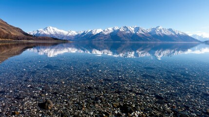 Wall Mural - Crystal Clear Lake with Mountain Reflection and Pebbles