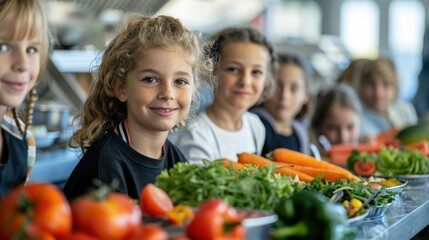 A vibrant photo of children learning about nutrition at a school event, with a clean background and lots of copy space for event highlights