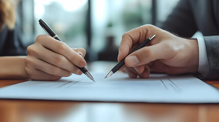 Wall Mural - Two hands holding pens over a document for signing.