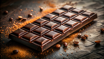 Dark Chocolate Indulgence: A close-up shot of a rich, dark chocolate bar on a rustic wooden surface, surrounded by coffee beans and cocoa powder, creating a decadent and tempting visual feast.  