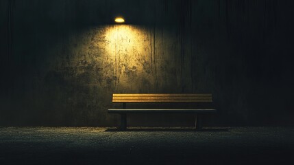 An isolated wooden concrete bench with a single street lamp overhead lighting it stands in a desolate and dark area.