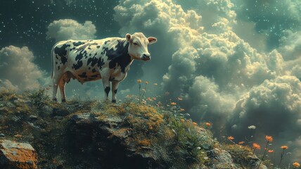 Surreal vision, a cow in a dreamlike landscape with floating elements, imaginative colors, and surreal imagery.