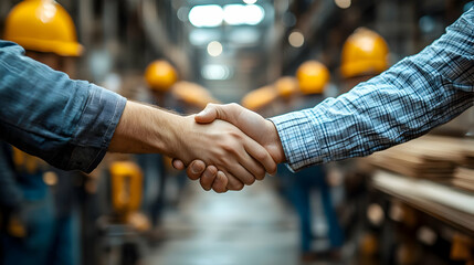 Wall Mural - Two hands shaking in a warehouse, symbolizing partnership.