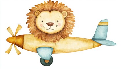 Sticker - Cute Watercolor Lion Pilot Flying Airplane Illustration