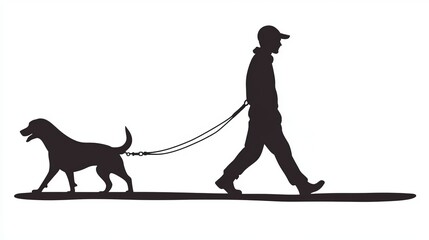 an icon depicting a person walking a dog without a leash despite having one.  Isolated on white