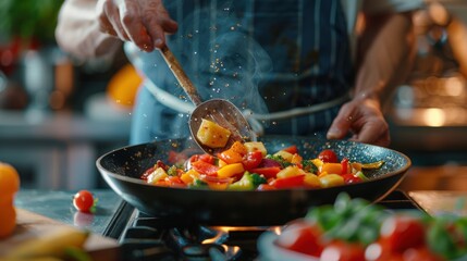 A close-up of a chef preparing a balanced dish in a professional kitchen, with a minimalist background and plenty of copy space for cooking tips