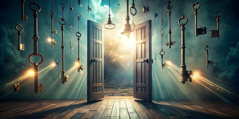the keys to enlightenment: an ethereal portal beckons, bathed in celestial light, as antique keys da
