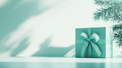 Poster - Teal Gift Box with Bow on White Tabletop with Green Leaves and Shadow