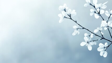 Poster - Delicate White Blossoms on a Branch with Soft Blue Background