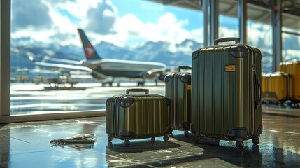 Two Suitcases and a Travel Bag Near an Airport Window with Airplane in the Background, Representing the Travel Concept, Modern and Relaxed Travel Atmosphere.