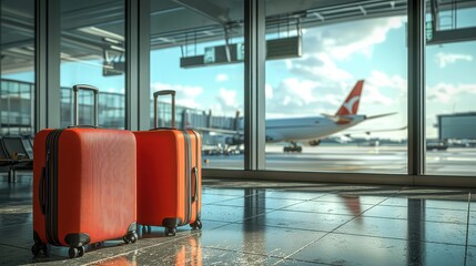 Two Suitcases and a Travel Bag Near an Airport Window with Airplane in the Background, Representing the Travel Concept, Modern and Relaxed Travel Atmosphere.