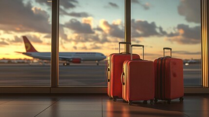 Two Suitcases and a Travel Bag Near an Airport Window with Airplane in the Background, Representing the Travel Concept, Modern and Relaxed Travel Atmosphere.