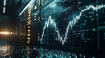 Poster - Digital screen showing interest rates dropping like a waterfall, financial crisis imagery