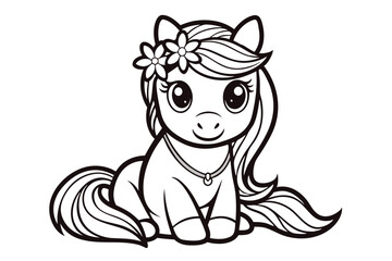 Wall Mural - coloring page for kids, Cute horse with flowers line art illustration