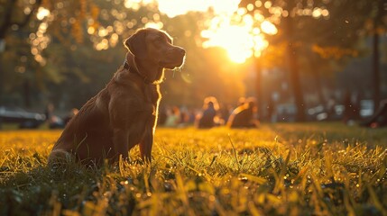 Wall Mural - Golden Retriever Watching the Sunset