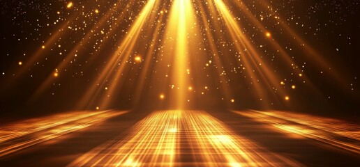 Abstract golden background with light rays and glowing lines on a dark brown backdrop.