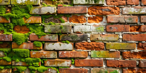 Poster - Weathered Brick Wall with Moss: A captivating close-up of a textured, moss-covered brick wall, showcasing the beauty of nature reclaiming urban landscapes.  