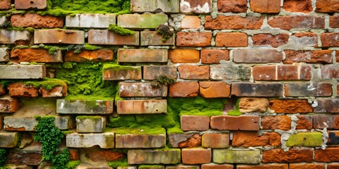 Wall Mural - Weathered Brick Wall with Moss: A captivating close-up of a textured, moss-covered brick wall, showcasing the beauty of nature reclaiming urban landscapes.  