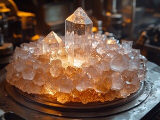 Sparkling Quartz Crystals on a Metal Surface