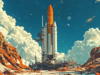 Wall Mural - Space Launch Rocket on Platform with Clouds and Stars