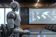 © Janthiwa - A robot sits at a conference table, typing on a laptop
