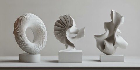 Wall Mural - Three abstract white sculptures on plinths.