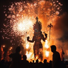 A large statue of a deity is illuminated by fireworks during a nighttime festival.