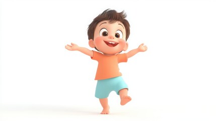 A 3D cartoon toddler learning to walk, arms outstretched for balance, with a big, excited smile, on a white background 