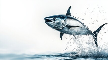 A tuna fish jumping out the water isolated on white background. AI generated